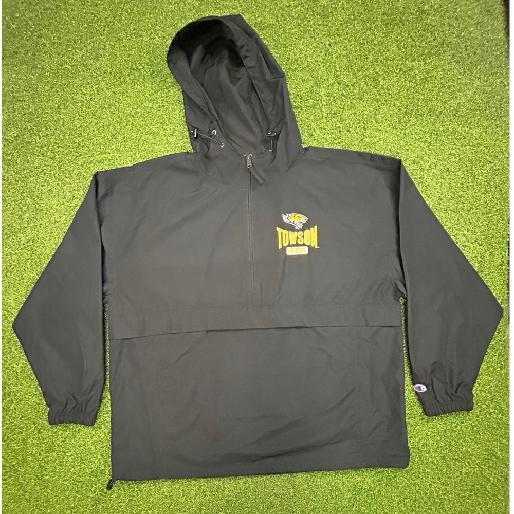Champion Towson Tigers Windbreaker Jacket Mens 2XL Black Quarter Zip Pullover